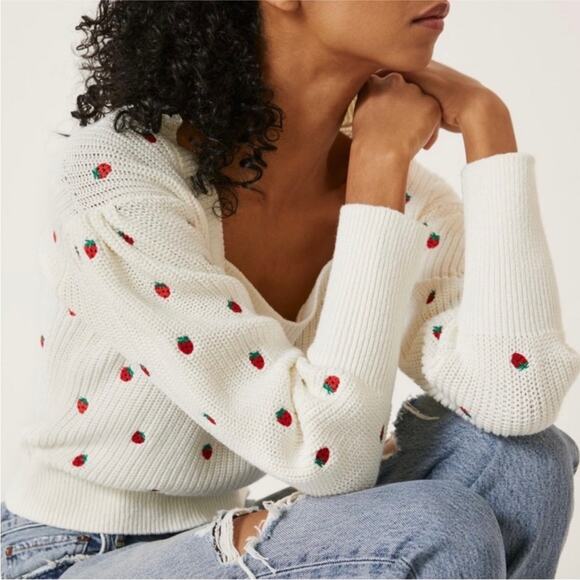 Anthropologie Maeve Embroidered Strawberry Sweater Cotton Size XS Square Neck - Picture 2 of 13